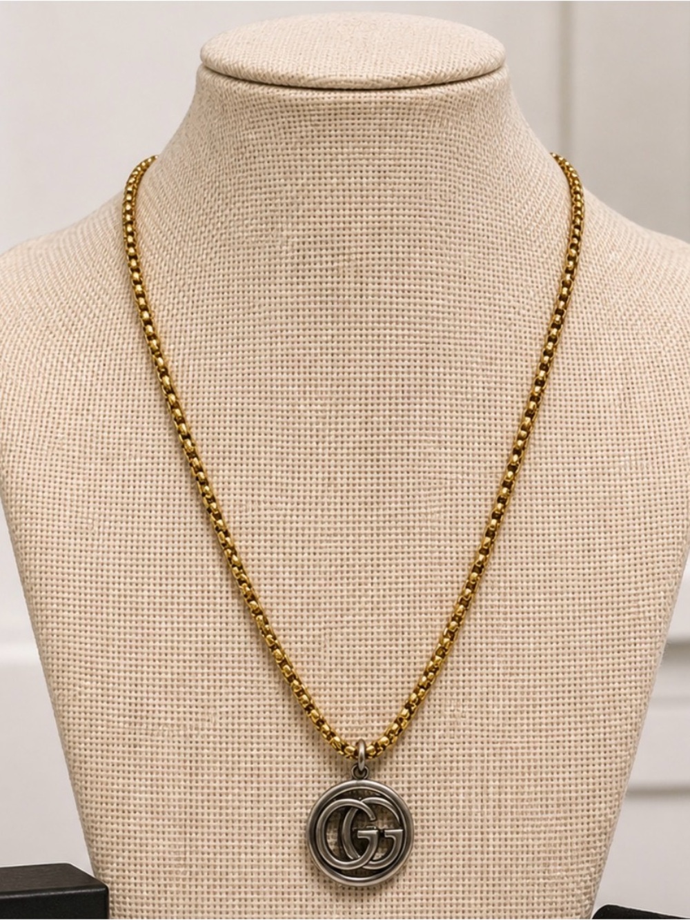 Gold-Tone Chain Necklace with Silver Double-Circle Pendant